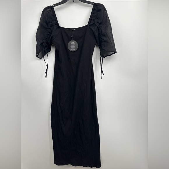 Mittoshop Black Ribbed Square Neck Dress Small Semi Sheer Lace up Sleeves - Picture 1 of 5